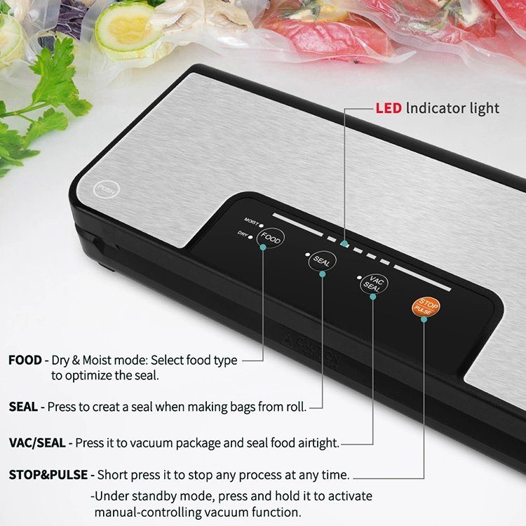 Food Vacuum Sealer with Built-in Cutter and Pulse Function. Roll Storage. Dry Wet Mode Options. External Air Vent. Strong Suction.